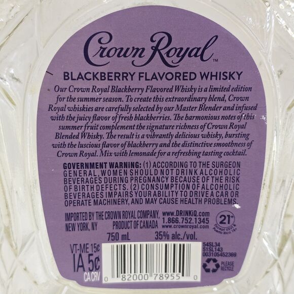 Crown Royal Blackberry Whiskey Bottle EMPTY 750mL Canadian Collectible Bar Decor - Picture 3 of 7
